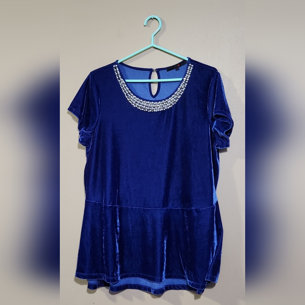 MXM Womens Blue Velvet Beaded Collar Short Sleeve Sz 2X